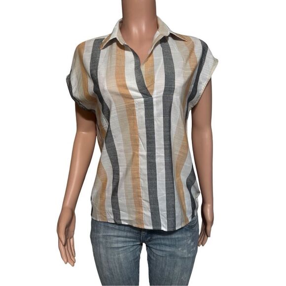Shop basic women's sleeveless v-neck vertical striped polo tee size S,M - Picture 1 of 7